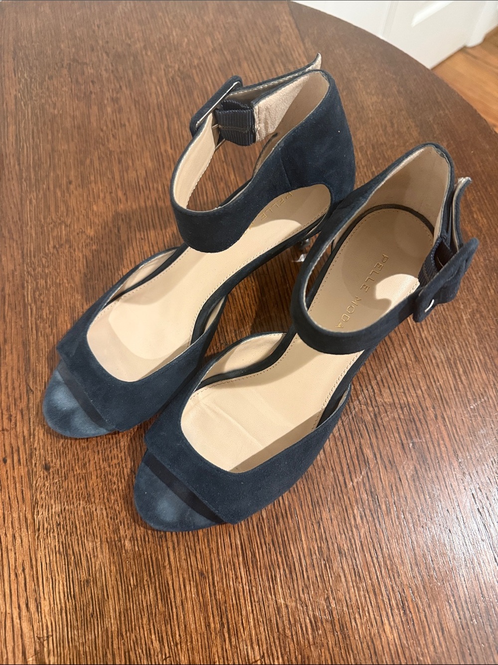 Pelle Moda Navy Suede Ankle-Strap Peep-Toe Heels